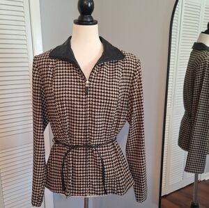 Sarah B Studio Houndstooth Belted Jacket With Vegan Trim Large